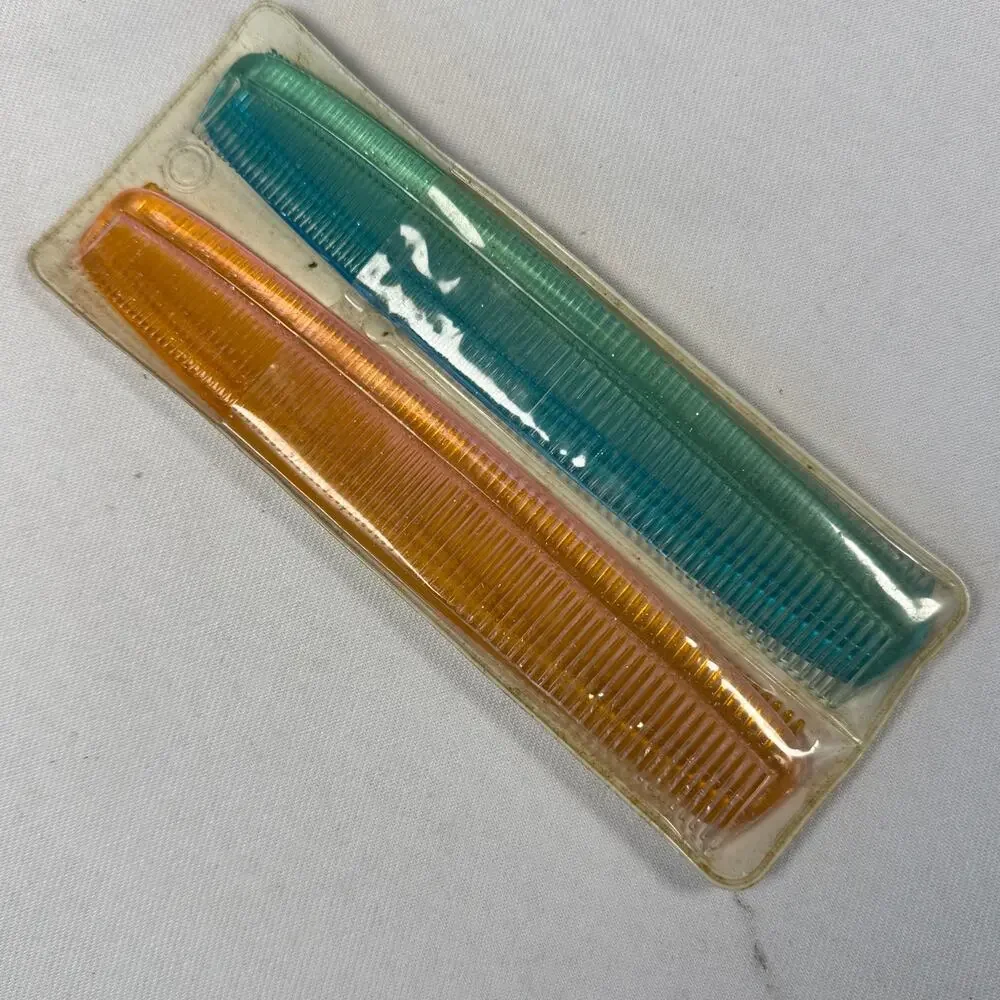 Vintage Sparkle Plastic Pocket Combs Set 4 Pastel Blue Pink Green Amber w/ Case